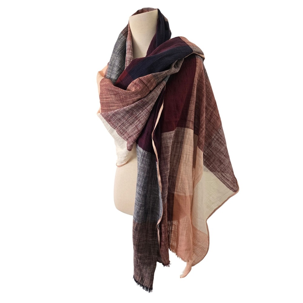 Roots Canada Plaid Cotton Oversized Scarf Wrap Burgundy Navy Peach 190x84cm